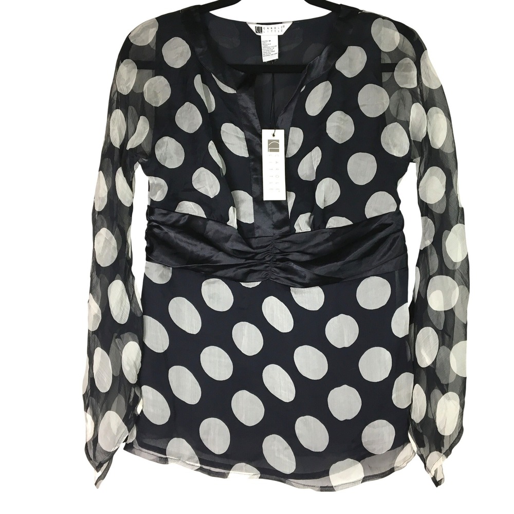 Carole Little Silk Polka Dot Blouse‎ Navy White Bell Sleeve Empire Waist M NWT